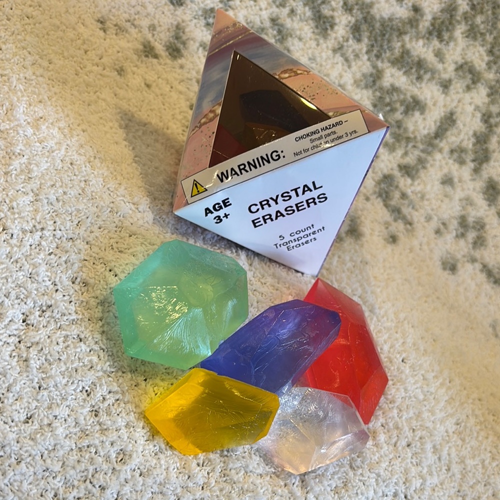 Crystal Transparent Art Erasers Set of 5 Multicolor NWT octagonal prism box